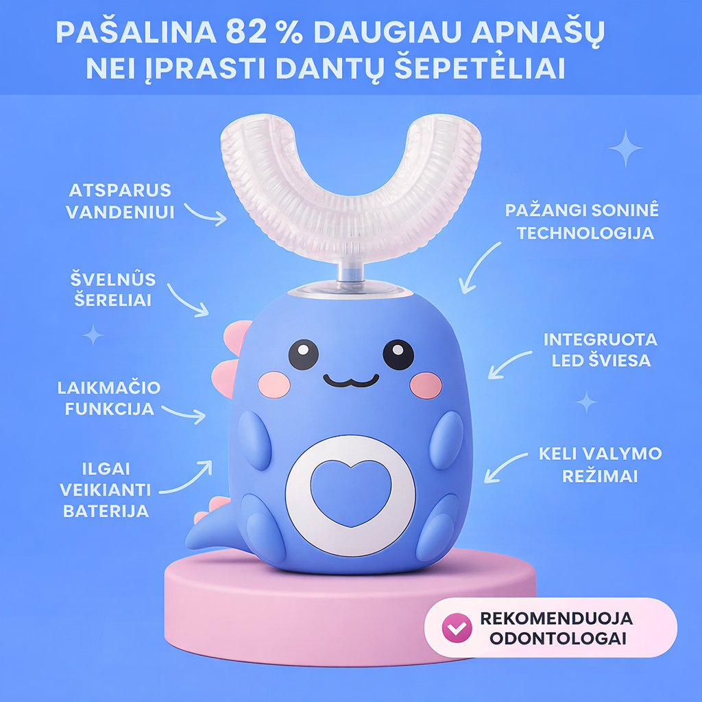 Vaikiškas elektrinis dantų šepetėlis 360°