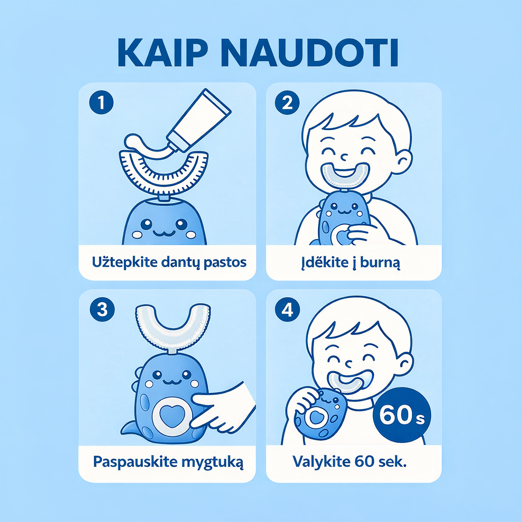 Vaikiškas elektrinis dantų šepetėlis 360°