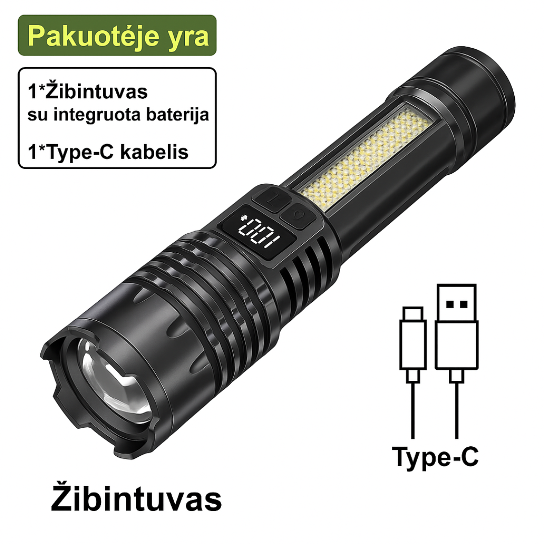 Galingas LED žibintuvas su Type-C įkrovimu